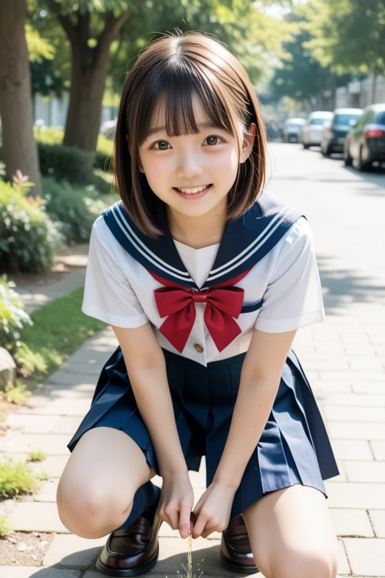 Standing on stone steps in the park、1 high school girl、Girls' School Uniform、Sailor shirt、Pleated skirt、Bob Hair、Medium breast、A shy smile、Strong winds、White panties、Masterpiece:1.3、Raw photo quality、Highest quality、Detailed Images、Detailed Background、