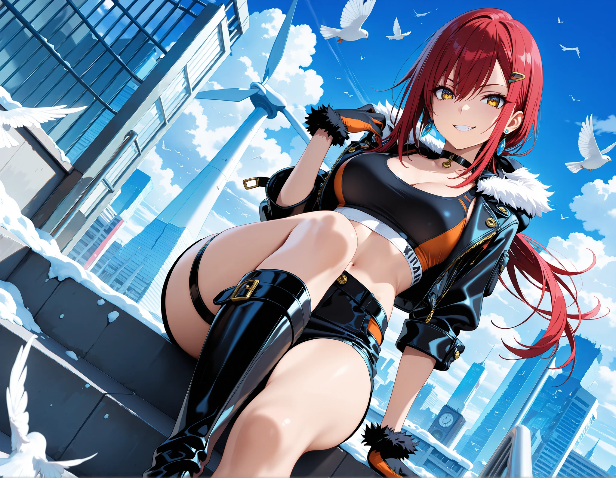 {{extremely detailed character}}, {3d}, {Stereoscopic feeling}, {beautiful detailed girl}, whole body, view straight on, legs, {sitting}, obesity, girl,woman,female, mature,30 years old, long hair, red hair, shiny hair, Beautiful face, smile, beautiful and detailed eyes, closed_mouth, delicate hands, {large_breasts}, red eyes, {Authentic skin texture}, black_gloves, {black_bikini}, red Clothes, outdoors, {{absurdres}}, {{extremely CG}}, {{extremely detailed CG unity 8k}},(dark skin),legs,put on a jacket,
