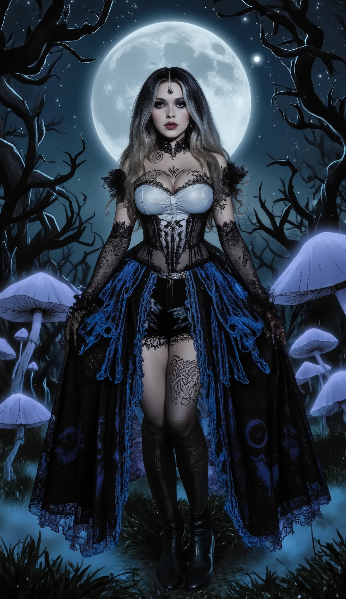 8k, ISO:400, f/:8, SS:200, Canon SX10,
masterpiece, best quality, ultra-detailed, 128k, photorealistic,
Full body portrait of a seductive and confident gothic Alice in Wonderland, young woman, flawless skin. She wears an intricate and sexy gothic dress made of delicate black, royal blue, and white lace, with a white leather corset top and layered skirt.
She has long blond and black hair, intricate dark fantasy tattoos of swirling patterns and wonderland motifs on her arms and collarbone, and subtle silver piercings on her lip and eyebrow.
She is standing in a twisted, enchanted forest at night, under the eerie light of a full moon. The atmosphere is dark, gothic, and mysterious, with glowing oversized mushrooms and ancient, gnarled trees in the background.
Style: cinematic lighting, moody atmosphere, dark fantasy, gothic elegance, sharp focus, volumetric lighting, by Greg Rutkowski and WLOP.