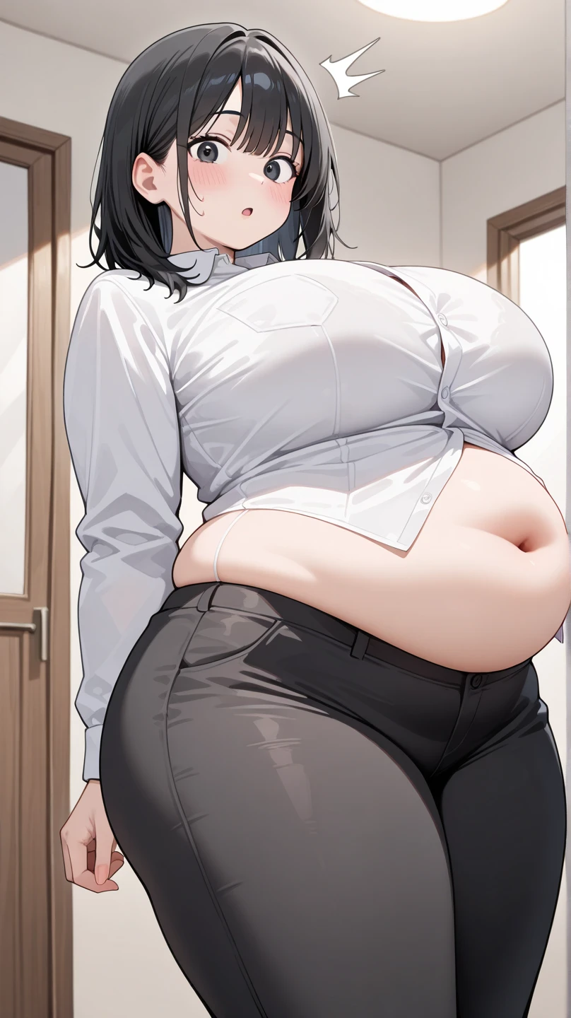 (((kipteitei art))), ((highres)),Masterpiece, high quality, best quality, beautiful, perfect lighting, detailed face, ultra cute face, ((1girl)), ((solo), medium hair, brown hair, ((fluffy hair)), bob cut, brown eyes, (((blush))), (exhausted), (sweating), out of breath, ((embarrassed)), looking down at self, employee uniform, dress shirt, belt, (((tight shirt))), ((black pants)), (((tight pants))). medium breasts, cleavage, sagging breasts, ((wide hips)), ((((thick thighs)))), pudgy, (tummy bulge), ((belly grab)), (belly pushing against shirt), thicc, long legs, supermarket,