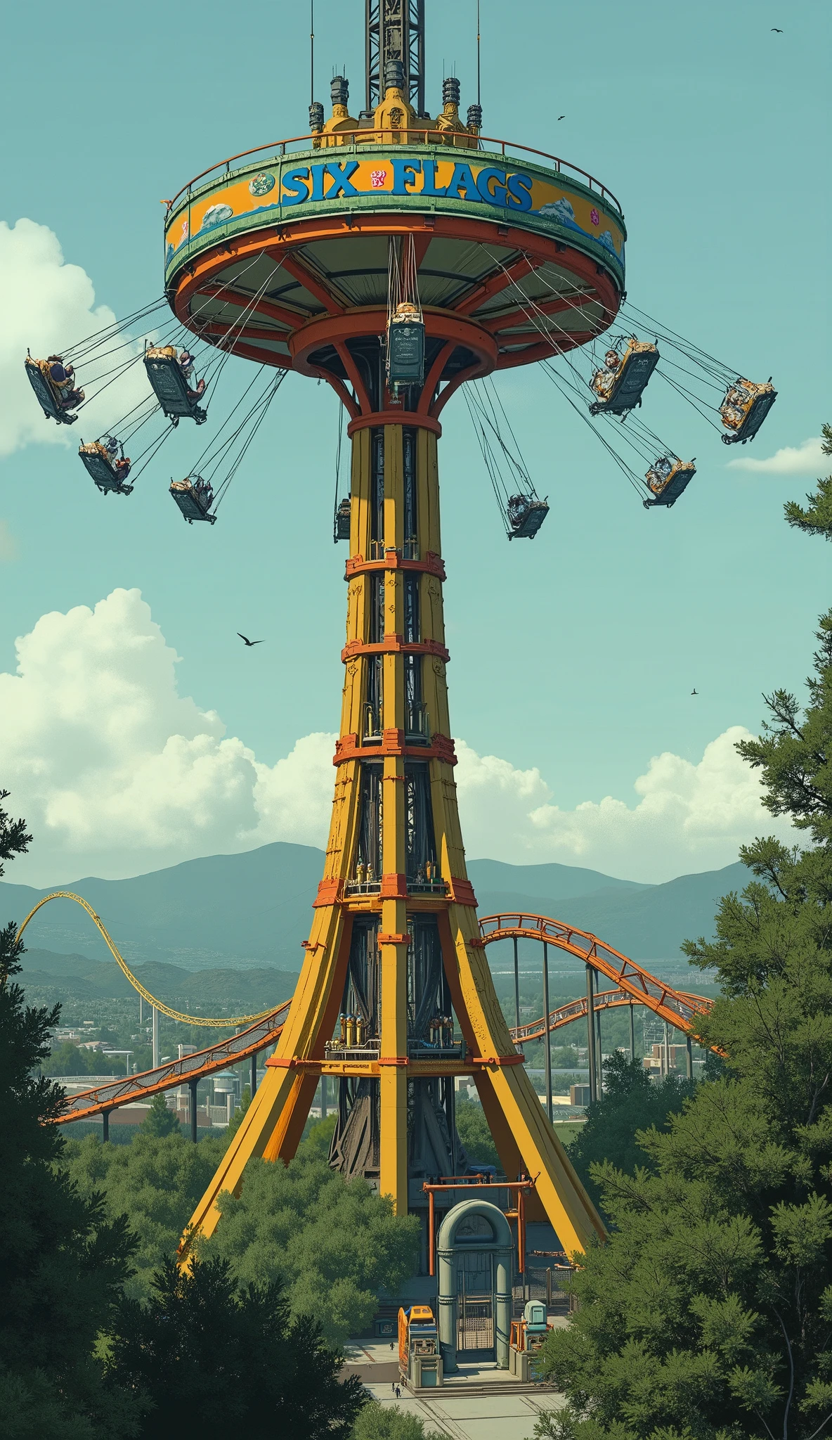 The image features a tall amusement park ride known as the "SkyScreamer" at Six Flags. This colorful tower is adorned with vibrant orange, yellow, and green vertically striped supports, culminating in a blue circular crown with the 'Six Flags' logo prominently displayed. Visitors are seated in pairs on swing-like seats, spinning around the top of the tower, creating a sense of thrill and excitement. The riders are visibly small from this perspective, emphasizing the height of the ride. The surrounding environment includes lush greenery at the foot of the tower and a sprawling roller coaster visible in the background, adding to the theme park ambiance. The overall scene is under a clear, bright sky, which enhances the visual clarity and mood of excitement and adventure. The distant hills and expansive view convey the grandeur of the park setting.