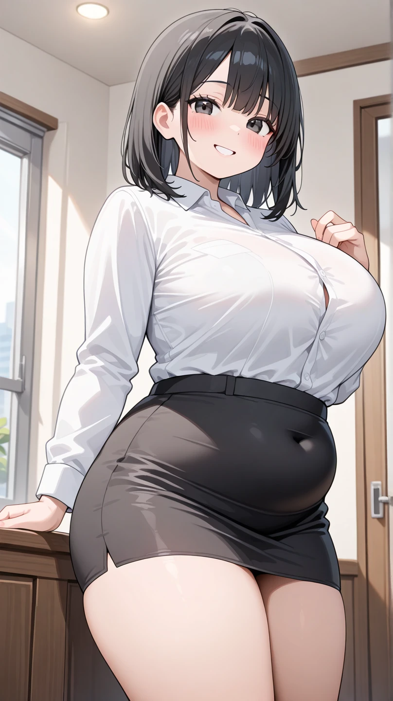 Woman in a school uniform, skirt, shirt, curvy, busty, evil smirk, dominant stare, thick thighs, view from below, lifting her skirt, presenting her butt