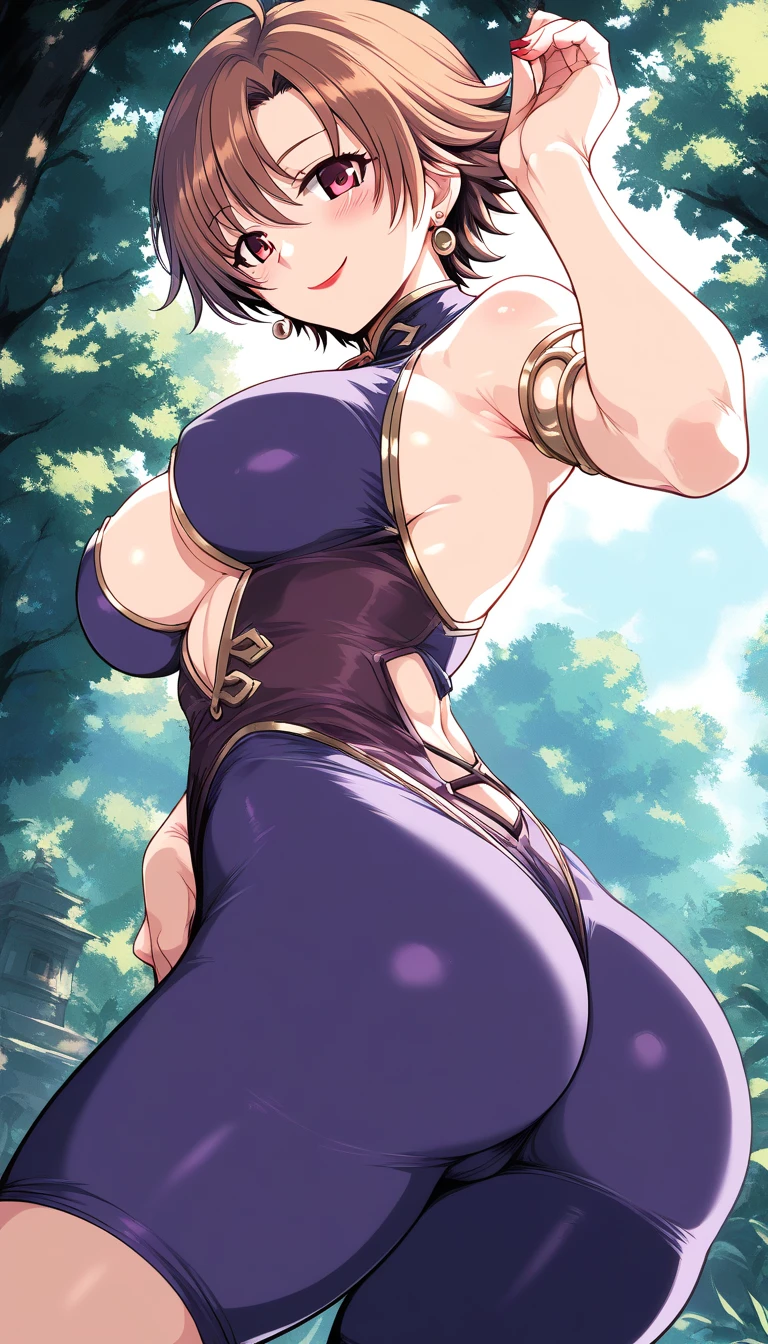 score_9, score_8_up, score_7_up, by bosshi, anime screencap BREAK source_anime, rating:explicit, 1girl , armband, armor , armpits, eyepatch, garter belt, garter strap, lipstick, looking at viewer , makeup, muscular , muscular female, purple hair, short hair , standing ,