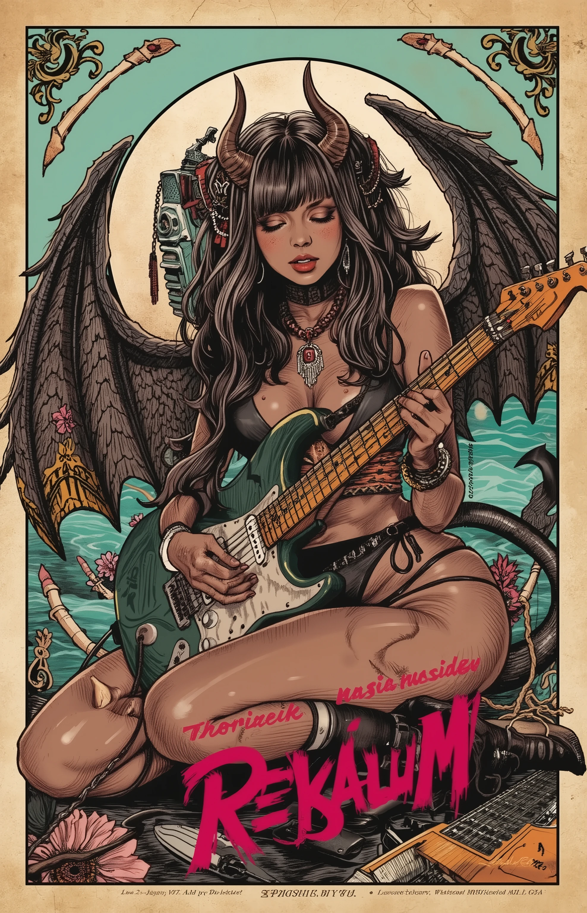 1girl,ass,breasts,closed eyes,dated,demon girl,demon horns,demon tail,demon wings,electric guitar,instrument,wearing black bikini,jewelry,lips,long hair,on stomach,signature,solo,tail,thong,wings
