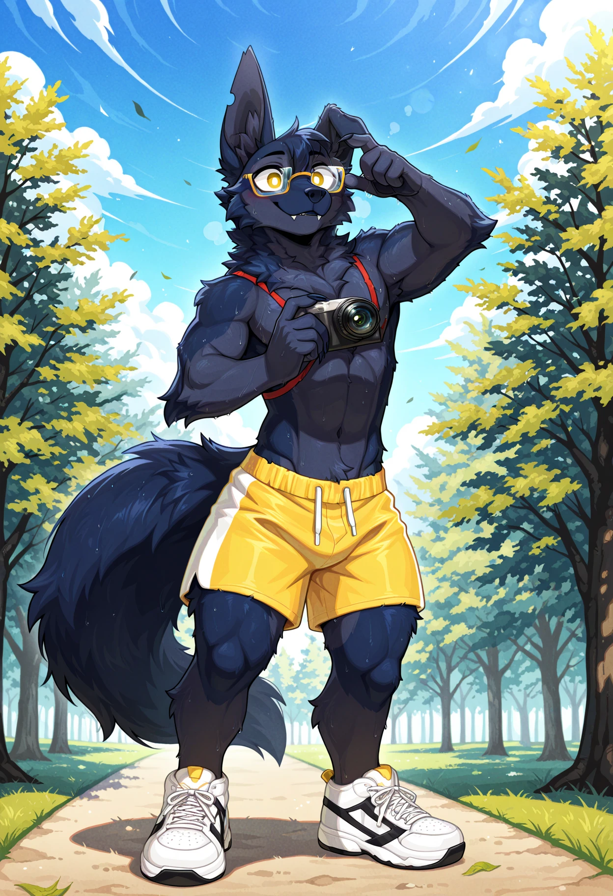 Furry shota, wolf, black hair, long spiky ponytail, blue eyes, detailed body fur, ((goggles, blue hawaiian shirt, open clothes, one shoulder off, black swim trunks)), looking at another, fangs, clear grey body fur, detailed face, big eyebrows, detailed eyes, detailed body, detailed body fur, detailed hands, glistering body, shiny body, skinny, uper body, injured, dirt on the body, damaged clothes, bruises, grin, ruins, forest, solo, injured pose, full body, feets with three toes, ((one eye close, wink)), after fight,