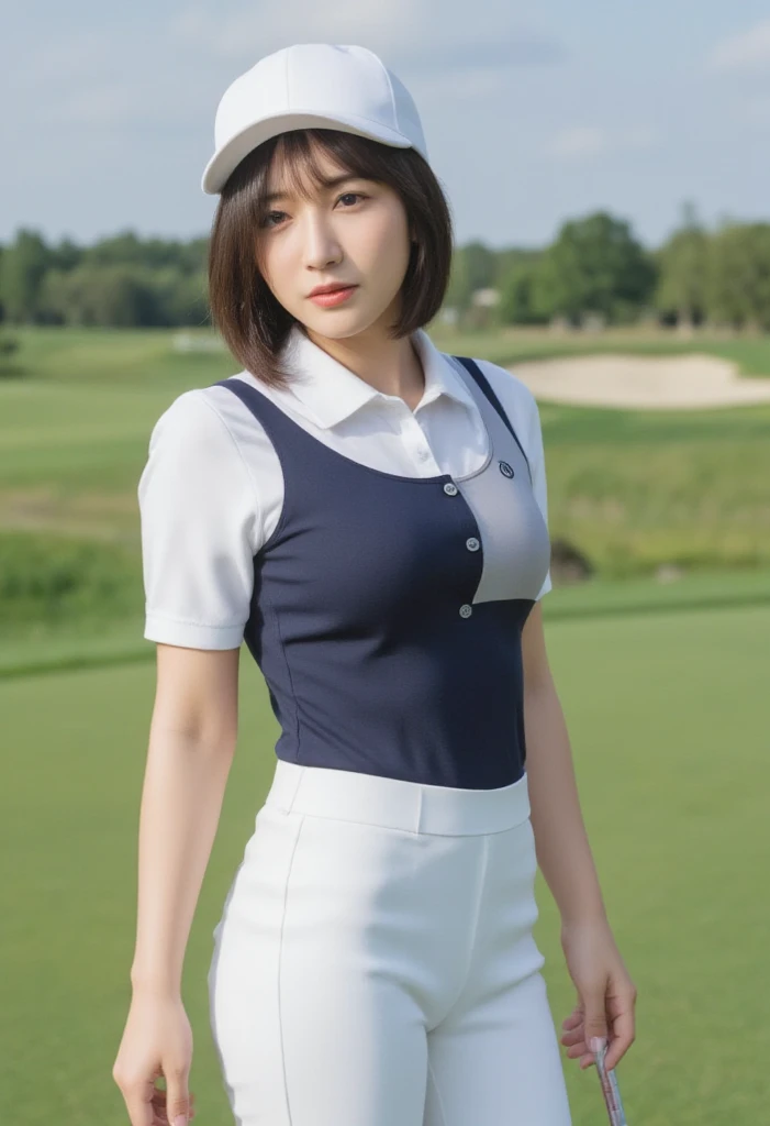 ((Best of the highest quality, 8k, Masterpiece, raw photo: 1.3)), Sharp focus: 1.2, (1 AESPA, slim body type female, 21 y/o: 1.1), (Solo: 1.2), (realistic, photo-realistic:1.37), face focus, cute face, finely eyes, (droopy eyes: 1.32), (Emphasize prominent aegyo-sal with bright: 1.2), shimmering eyeshadow applied under the lower lash line, paired with thick, (small breasts, flat chest, Thigh: 1.3), (short bob hair, bangs: 1.2), (polo shirt, panties, sun visor: 1.24), walking Golf course, sun light, flower,