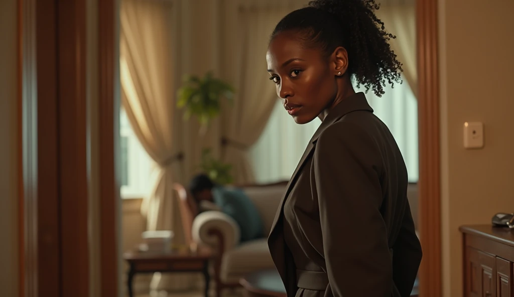 luxury faceless black woman , curly hair, on the cellphone using a tablet computer in a room, working, still from a live action movie, profile pose, [ realistic photo ]!!, serious business, lazy, elegant look