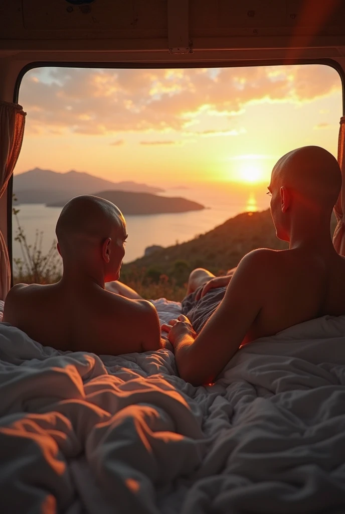 Nude fit man with detailed penis and short military haircut. Nude woman with large breasts and thick black pubic hair and short blonde hair. Embracing in geodesic dome on desert planet. Dust storms visible outside dome. Scientific equipment in dome. Comfortable bed and chairs.