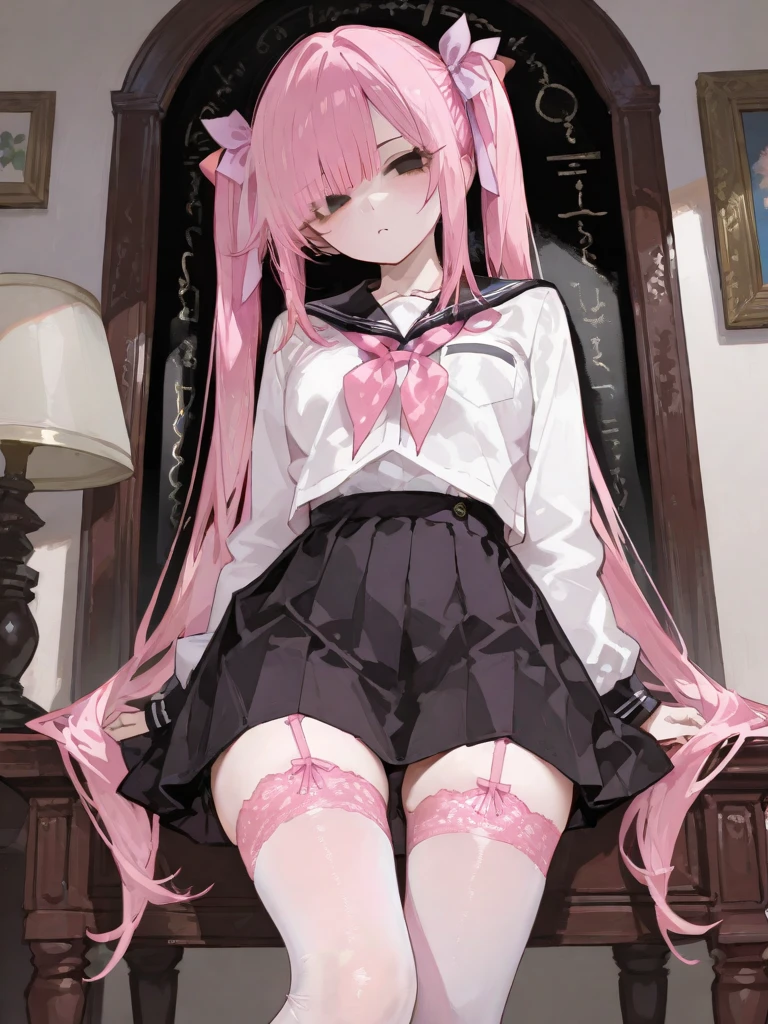 NSFW、(8k)、highest quality、masterpiece、15 years old、(Double teeth)、(Black and pink hair)、Long eyelashes、((Black knee socks))、(Pink long sleeve shirt)、Black Skirt、Silver earrings、Twin tails、pussy、Love juice