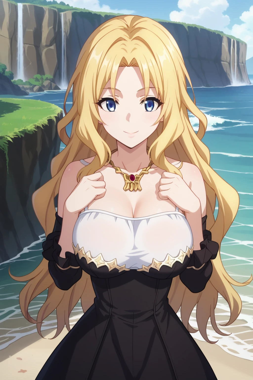 EPSILYB, 1girl, solo, cleavage, necklace, smile, night, looking at viewer, dark, yellow dress, white dress, naughty face, evil smile, open mouth, frills, smirk, collarbone, upper body, dress pull, undressing, sky, bare shoulders, off-shoulder dress, long sleeves, detached sleeves, <lora:EPSILON_YELLOW_V2:0.8>