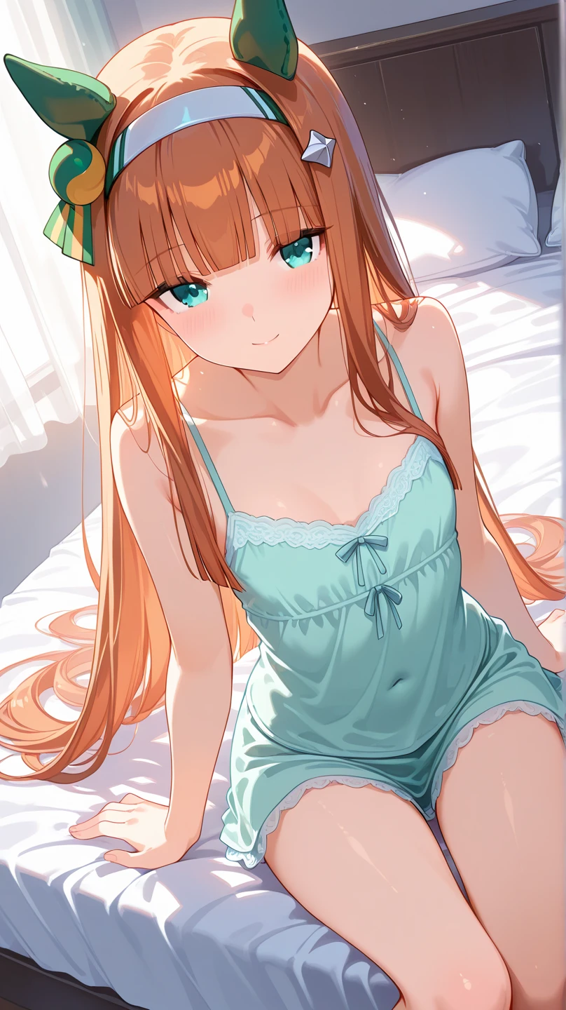 long wavy hair, chestnut hair, 1 girl, emerald eyes, waving with two fingers, pink lips, pastel green dress, She is sitting naked on a bed with her legs open and on the bed are several rubber penises of different sizes and models.. 
