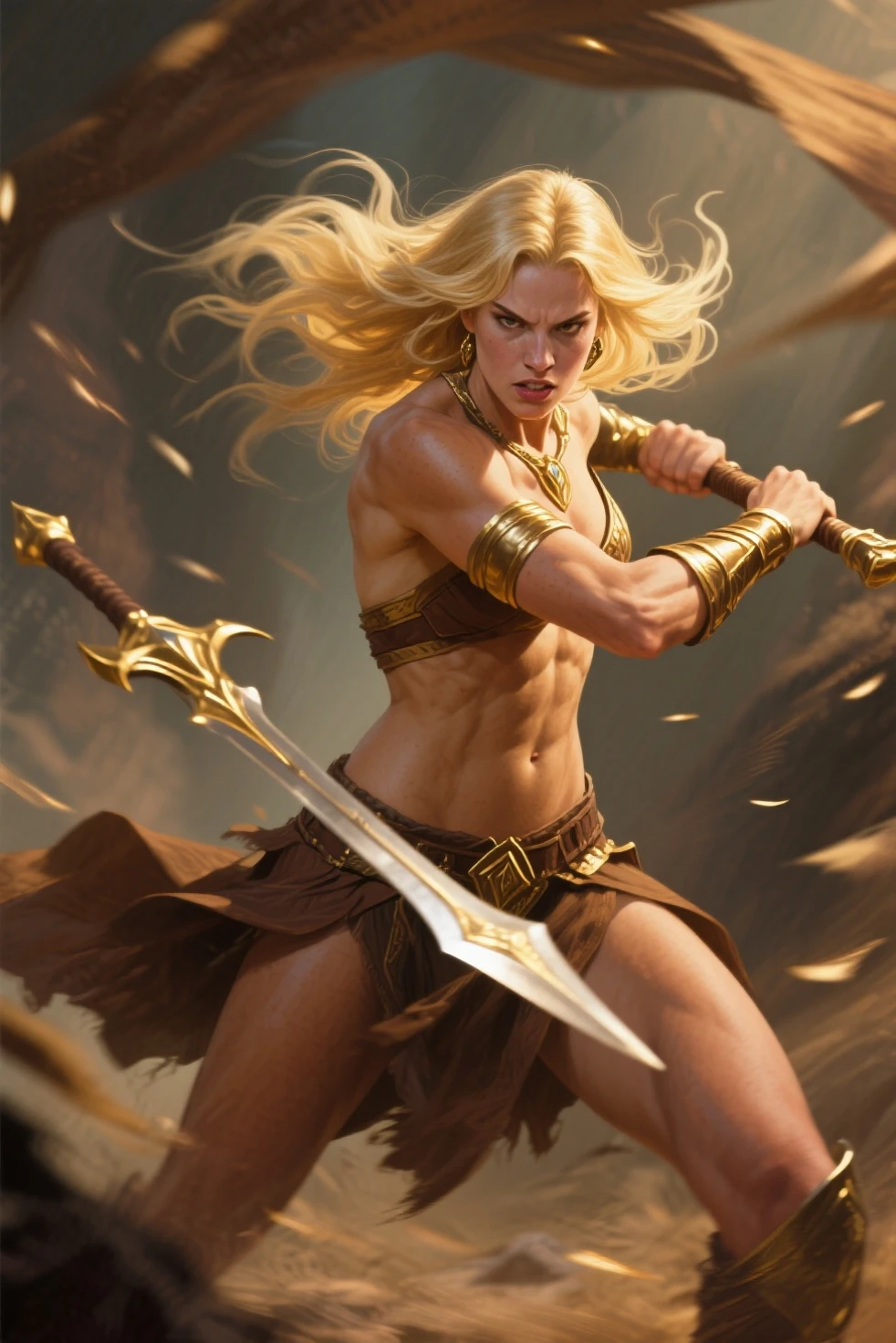 (Photorealistic:1.2), (8K Resolution), (Best Quality), (Masterpiece), full body portrait of a stunning a Female Amazon warrior with flowing blonde hair, flawless muscular physique wearing minimal leather straps and armor, holding a large battle axe poised to strike, intense fierce expression, looking at the camera, posed against a fantasy forest background, inspired by bold 1970s Frank Frazetta fantasy art style, dramatic side lighting, highly detailed