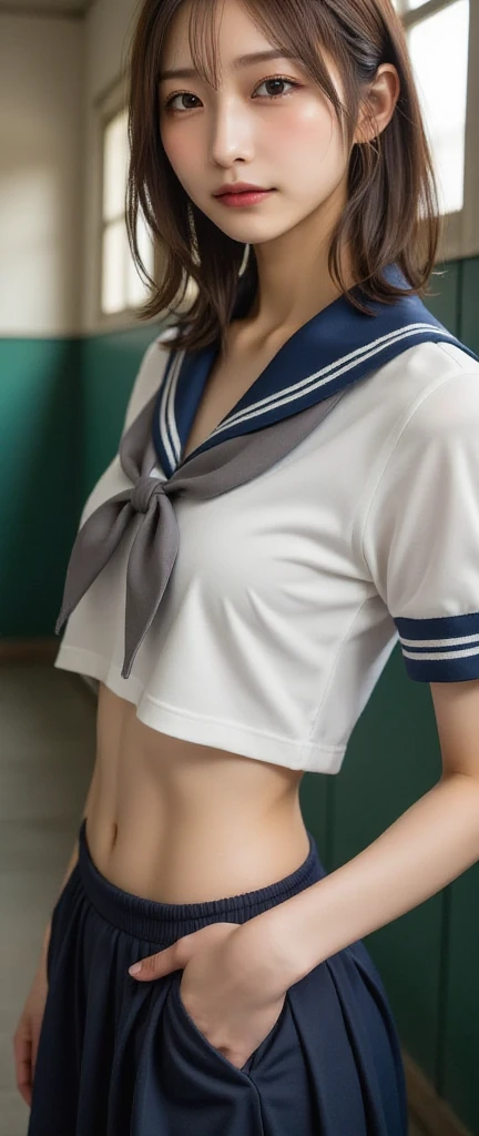 ((masterpiece, Highest quality, High resolution, 超High resolution, Pixel Perfect, Written boundary depth, 4K, RTTX10.0))), Beautiful Anime Woman, Beautiful art style, Anime characters, ((Smooth texture, Realistic texture, Anime CG style)), Exact finger count、Exact number of legs、(Exact number of arms:1.0, Exact number of hands:1.0), (Perfect hands, Perfect Anatomy), Cinematic, Realistic, Extremely detailed CG, Daytime lighting, Perfect lighting, Best Shadow, The best natural light, whole body, Perfect body, バランのとれたPerfect body, Perfectly balanced style, Slender body, ((Long Hair, bangs, Reddish brown hair, Stylish bob cut)), ((Grab your chest with both hands:1.8)), ((Sailor Suit Tops, Sailor collar, White shirt, Navy pleated mini skirt:1.3), (beautiful and big breasts:1), (Very embarrassed look:1.5), blush, (School classroom, Desk and chair in the background:1.3), Angle from the front, (Blue lace panties:1.2)、((Spread your legs wide and show me your panties))Wear glasses、Serious schoolgirl、Shen, A little ugly