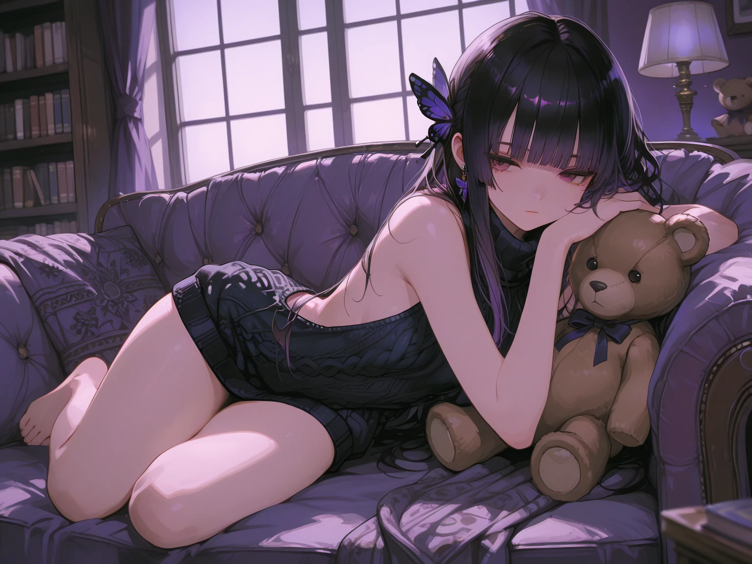 1girl in,10years old cute girl,skin tanned,Dark eyes,Wavy Hair,Black hair,sit comfortably on a large sofa,Rose petals,Spread legs wide,very messy long hair,Black tube top,Black Hot Pants,,smily face, grin,,Raise one leg and point it forward,(masutepiece:1.1), (Best Quality:1.2), (The artwork:1.1),Sloppy pose,knees up,,Upside down