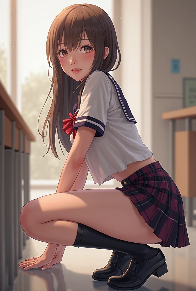 Top quality, masterpiece, high resolution, 1girl, beautiful detailed face, sitting, uniform, skirt turning, underwear visible, sitting on top of a thick and honeyed sausage