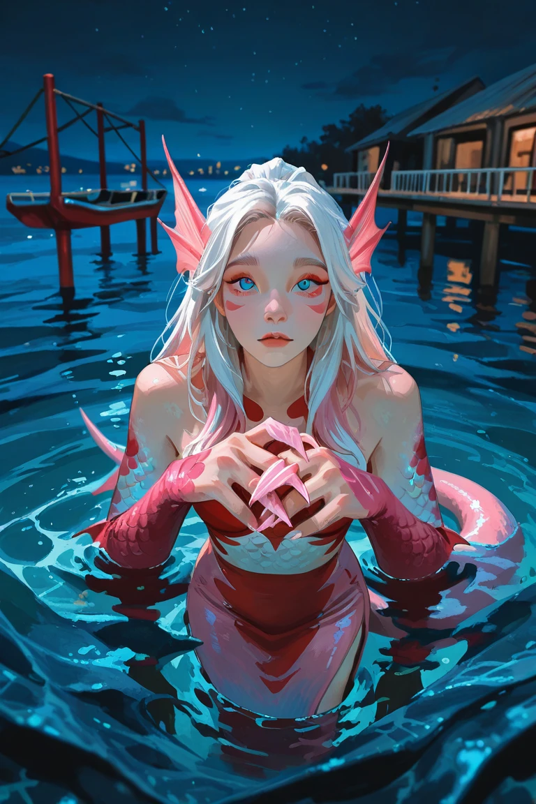 A mermaid from river, fair skin, red eyes, defined waist and bust, white hair with red tips, intricate detailed portrait, high quality digital art, 8k, photorealistic, cinematic lighting, dramatic color palette, fantasy concept art
