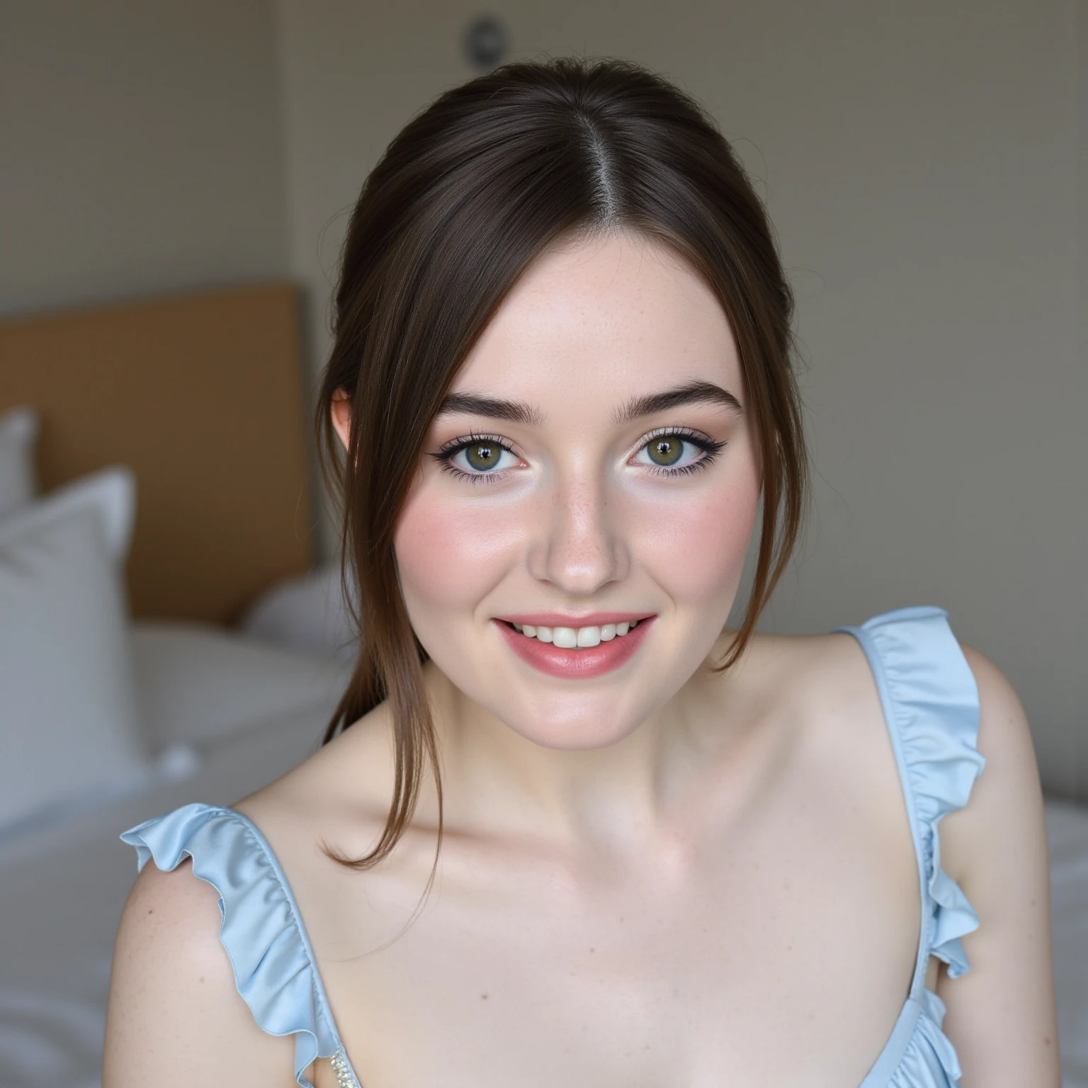Melody Marks, Intimate, face blush, red blushy cheeks, long wavy hair, feeling excited, beautiful thighs, in love, wearing wedding dress, in the bedroom