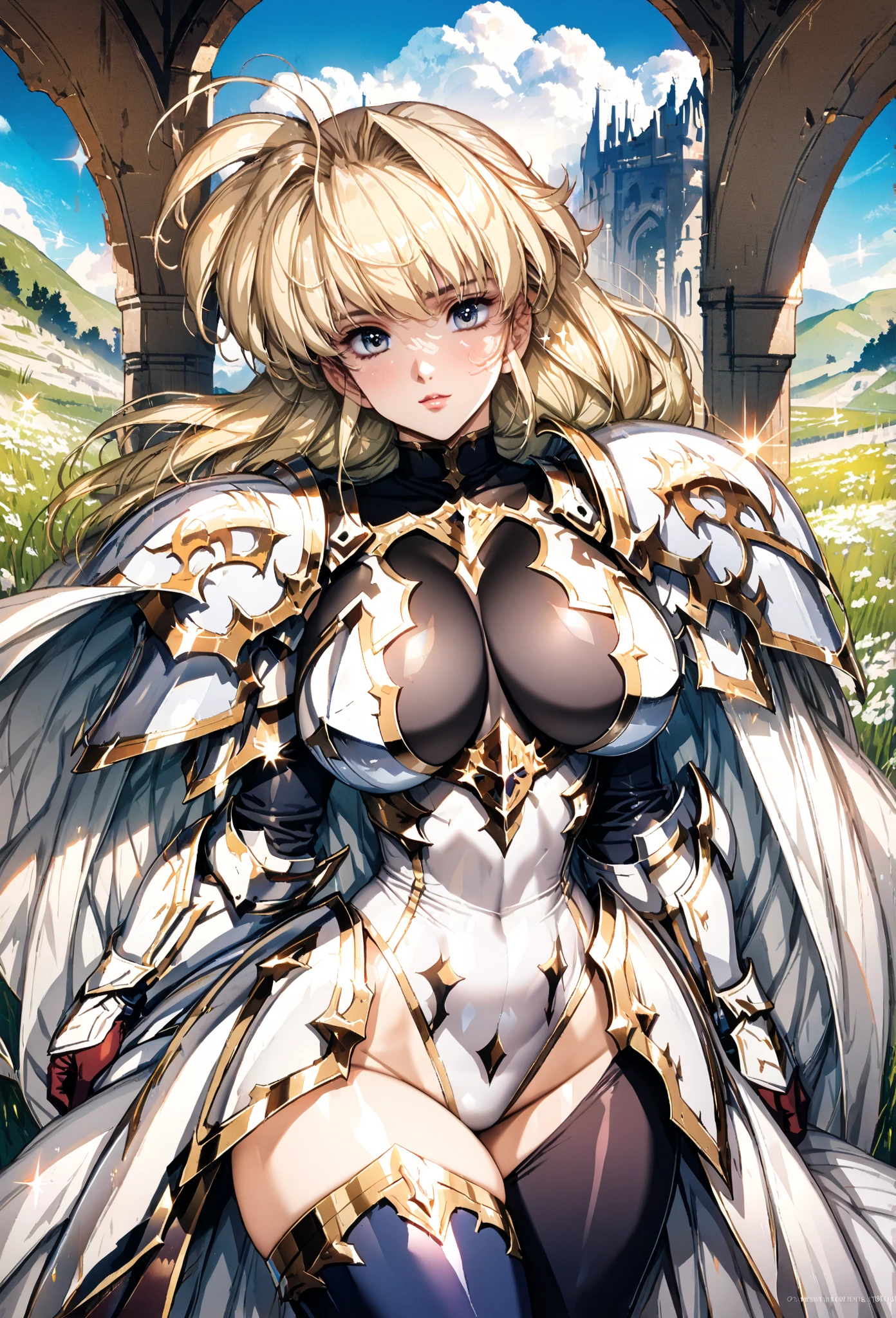((highest quality)), ((masterpiece)), ((hyperrealistic)), (detailed background), 1girl, ((curvy: 1.2)), ((Sparkling sequin lame leotard: 1.3)), ((catsuit)), ((white paladin armor)), ((armored long skirt dress)), cloak de cour, gauntlet, gloves, belt, Blonde hair, ahoge, (huge breasts), (see-through cleavage cutout), (zettai ryouiki armored thigh high boots), (thighs), (groin area), beautiful eyes, perfect face, Perfect hands, perfect fingers, Blue sky and grassland,
