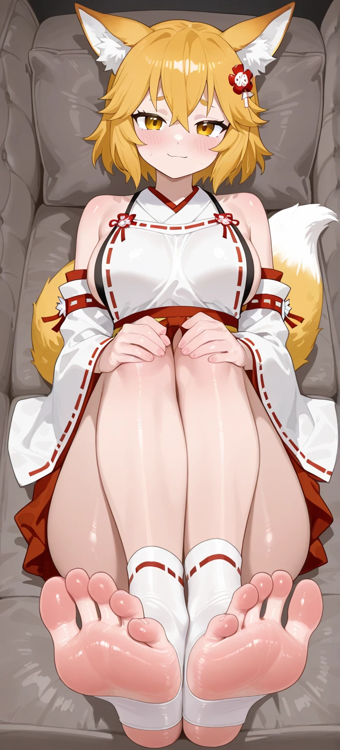 high detail, super detail, super high resolution. Extremely sexy and beautiful girl, with a beautiful face, delicate face, Beautiful lips, atl blanca, blue eyes, curvy body, hermosos ats y muslos, long white hair, white fox ears and fox tail, low-cut japanese dress, Open mouth, sticking out tongue, flirtatious smile, saliva coming out of his tongue. sitting, mostrando atrnas, mostrando los ats, showing soles. young appearance, wide. barefoot, ats en cámara, big breasts, correct at anatomy, anatomía de los ats, sexy at, ats apuntando al espectador, at, soles, Detailed feet, correct at anatomy, seated. Pies y dedos de ats manchados con liquido blanco.