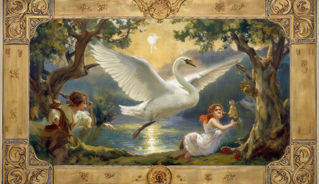 Create a Renaissance image of the work The Swing, a woman leaning against a tree surrounded by animals with angels in heaven playing the violin and saxophone. 