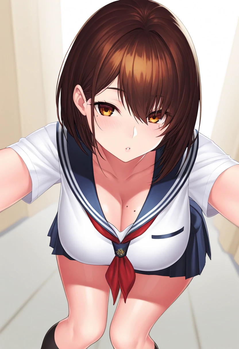 (8k, RAW photo, best quality, masterpiece, soft cinematic lighting, soft color:1.4),{ceiling,( POV,look at me:1.6),face focus:1.5}, (realistic), (indoor background), (solo, mature woman,19years old:1.3), {sailor uniform,(underboob:1.5),low-cut miniskirt,sheer :1.3}, (embarrassed,red Cheeks:1.25),low twintails , bronze color hair, clean skin, (smaller butt:1.2),(pointy sagging huge long wide heavy breasts:1.4), (thick, curvy:1.3),(very skinny:1.3)