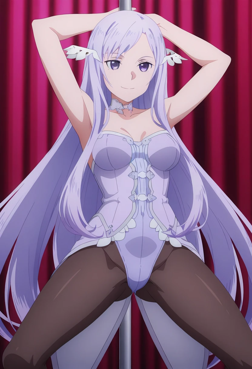 (masterpiece),(Highest quality),(Dark aura),Melascula,(anime),Hollow Eyes,length_hair,pink_hair,purple_hair,鈍い前hair,leotard,Knee socks,White bodysuit,White cloth,Medium chest,belly button,stomach,magic,(smile),Are standing,Looking_in_Audience,two hands,Two legs,five fingers,evil background,, Wicked Smile, devilish aura (Shiny fabric:1.5),Dark world background,solo,feet,mos evil Smile,