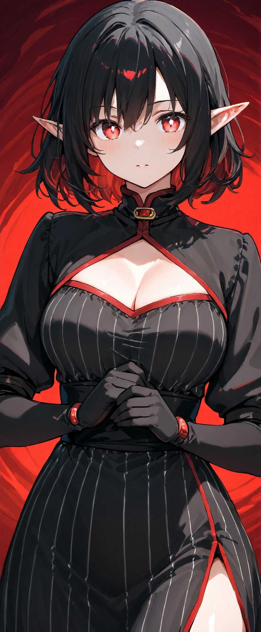 score_9, score_8_up, score_7_up, score_6_up, score_5_up, score_4_up, source_anime, close-up, SFW, 1girl, slim body, [big breast], red eyes, short black hair, pretty lipstick, wearing black tuxedo, red cloak, one hand in pocket, standing on rooftops, 80s night city background, soft lighting, detailed face