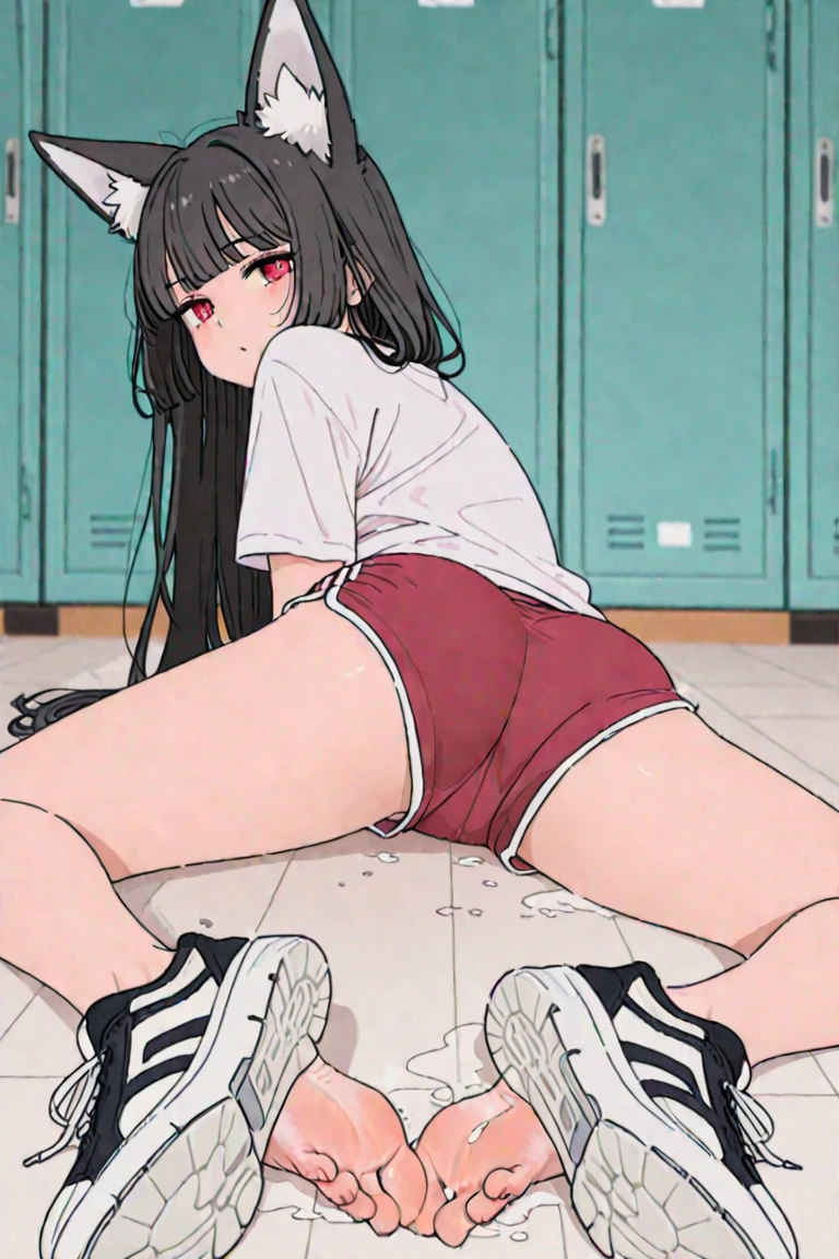 cute, girl, elementary school student, black hair, school gym suit, short sleeves, shorts, small bust, blush, smile, bare legs, white socks, see-nipples