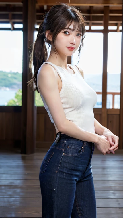((masterpiece:1.1, highest quality:1.1, 32K HDR, High resolution)), (1 girl, alone), (Mai Shiraishi&#39;s ultra-realistic portrait:1.15, japanese idol), (full body:1.5, tank top that emphasizes the chest:1.6、(yellow tank top)、light blue denim shorts、 big breasts:1.2)Are standing, sexy pose, perfect slim body:1.1), highly detailed face, fine eyes, realistic skin texture, fine skin、 shiny skin, looking at the viewer, light brown hair, wavy hair, Ash-colored hair, half up、smile:1.2, silver earrings,((The background is a public bath))、(Cleaning with a deck brush)