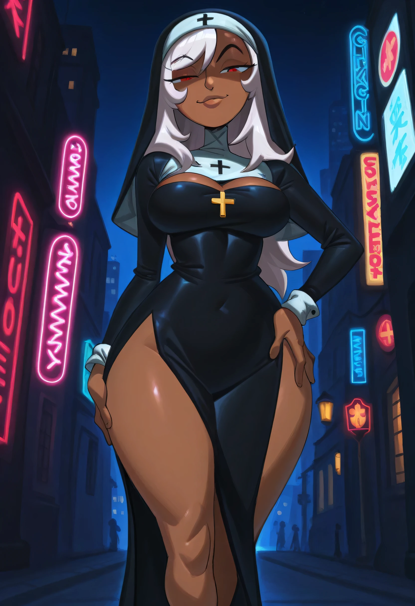 j0j0, masterpiece, best quality, solo, 1 woman , brown skin , white long hair, red eyes, hair cover one eye , mischievous face , nun costume , large breasts , leg slit dress , long legs , hand on hip , thighs , night , neon light , city light background