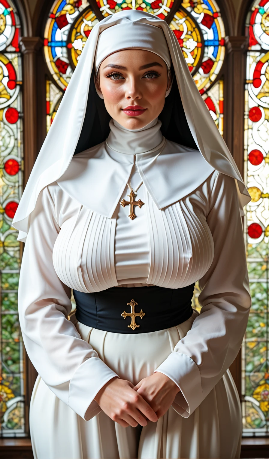photorealism:1.2), beautiful woman, church nun, long hair, sexy dress, medium chest,slim, Silky hair, open chest, nipples shown out of the dress,big nipples