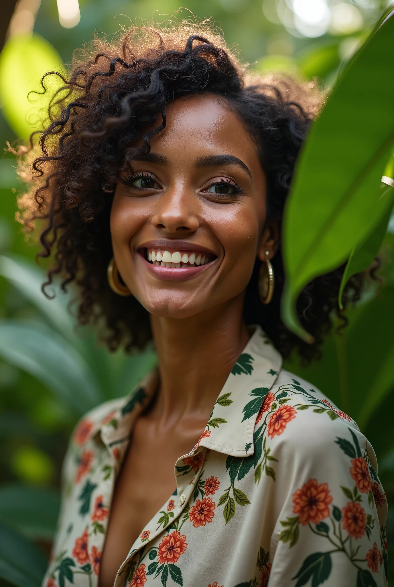 A Brazilian woman in a lush tropical garden, wearing an open shirt with a floral print, with a close-up capturing the harmonious beauty between her breasts and the natural flowers, showing off your natural charm and outgoing personality.