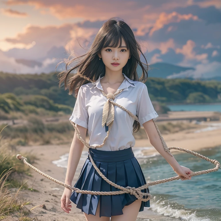 "(Masterpiece:1.1), best quality, ultra-detailed, (1 persons:0.95) in dynamic pose, perfect figure, detailed face and skin texture, with strong and determined expression,(wavy hair:1.2) under bright sunlight, dramatic lighting, strong winds, winds blow the skirt, (vibrant colors:1.1)".