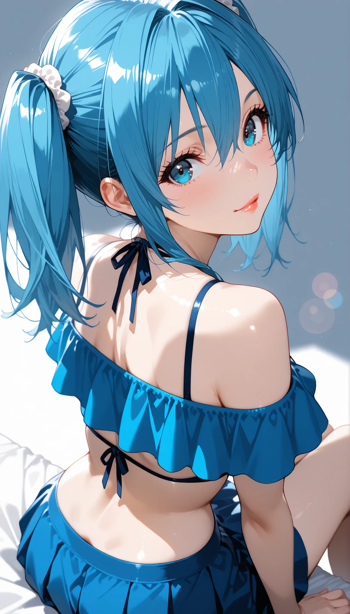 masterpiece, best quality, ultra-detailed, illustration, colorful, flat color, depth of field, lens flare, 1girl, suisei hoshimachi, blue hair, blue eyes, side ponytail, (hair ornament), anime, (closeup), detailed skin texture, beautiful detailed face, (transparent nightgown), nipples, navel, seductive smile, alluring attire, collarbone, (small breasts), (flat chest), (slender)