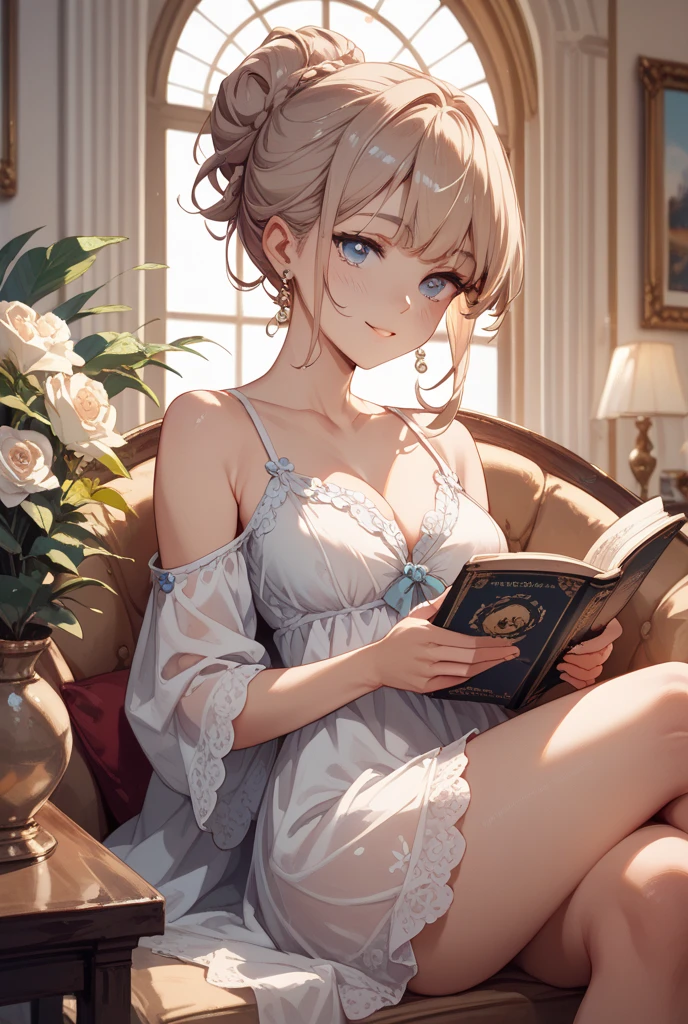 masterpiece, Highest quality, Highest quality, 1 girl, Gray-haired, Eyes with heterochromia, Small mole under eye, Girl reading a book, Gaze on books