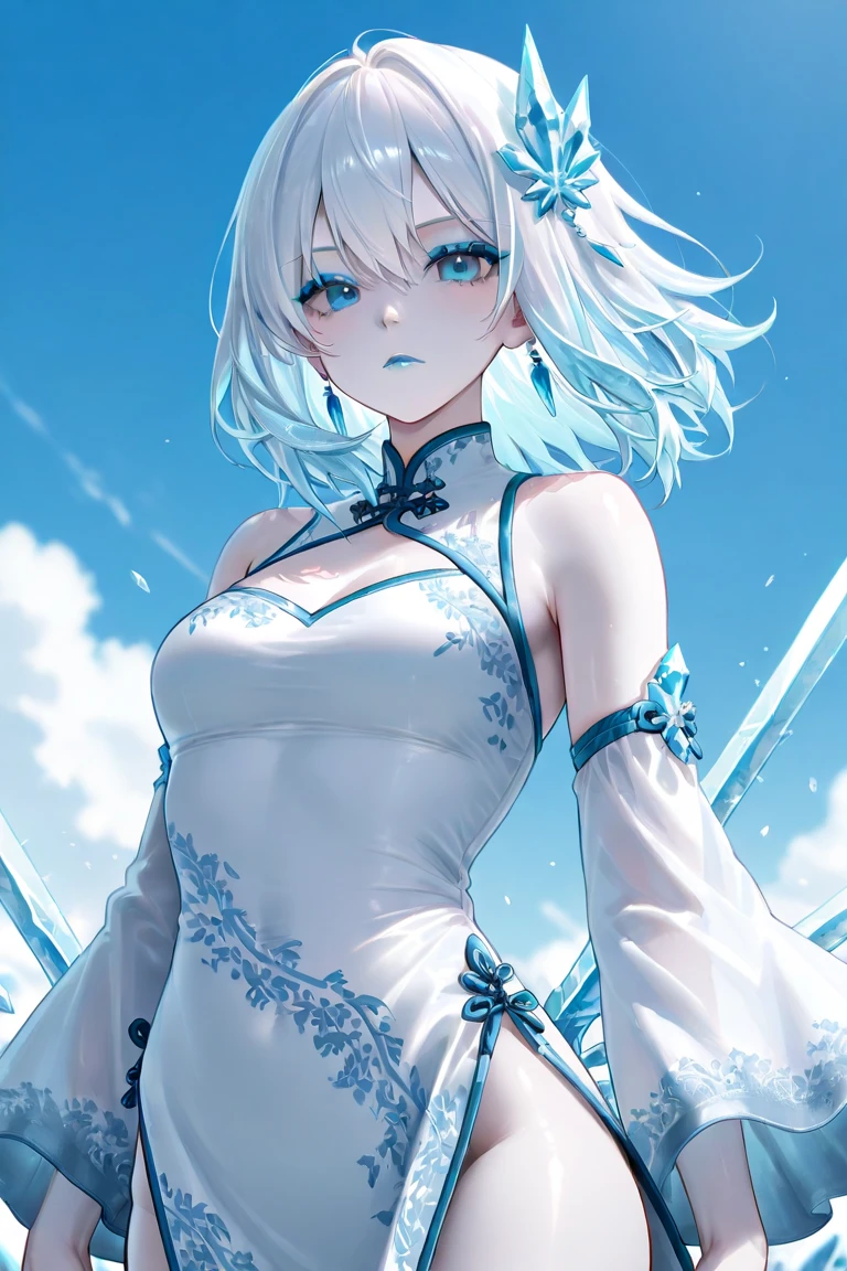 Bob、White Hair、Light blue eyes、Wearing a black pin、Casting magic、The sleeves of the dress go past the wrist