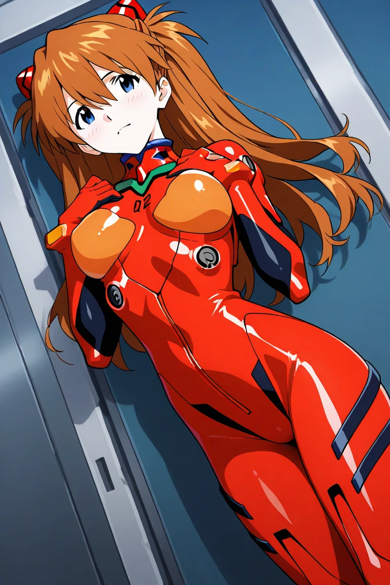1girl, souryuu asuka langley, neon genesis evangelion, big breasts, red plugsuit, standing at the entrance of a futuristic room. She is positioned with her back to a sliding automatic door., looking down, looking at viewer, masterpiece, best quality, very aesthetic, absurdres,