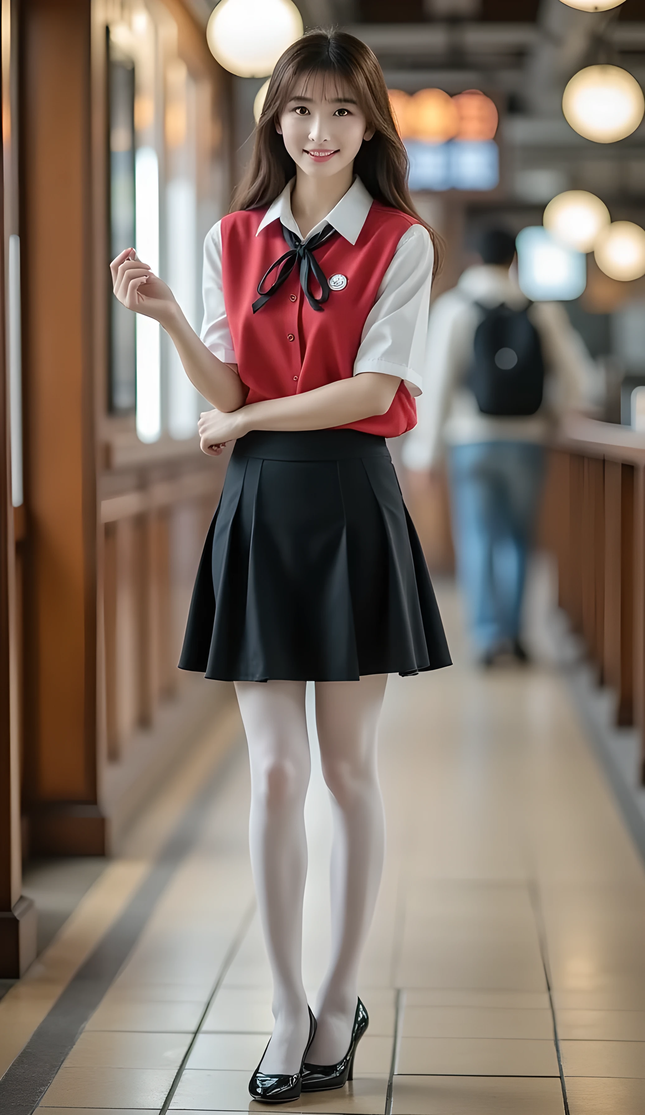 Super Real , Photoreal , (Full body image:1.5), she looks so happy , shadow, Global Illumination , Alone, (Japanese woman in her 20s :1.5), very beautiful、 cute smile , Slim, brown hair , Beautiful Legs , Long, slender legs , Surimi Waist , She's wearing a receptionist ,wearing a bus guide , turn your body forward、 white hair,full body photo ,Please take a picture up to the tip of your foot ,wear white pantyhose on her legs ,When the light hits stockings, they reflects beautifully., wearing black high heels ,