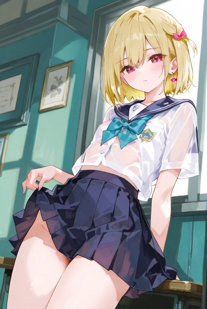 one girl, (Kagamine_Rin), green eyes, blond hair, short hair, cute face, beautiful eyes, flat , sailor uniform, black short skirt, cowboy shot, look at you, she loves you, (shy), (blush), (embarrassed:1.2), your girlfriend, standing, (skirt lift), (lift up skirt), (showing pantie), (white pantie)