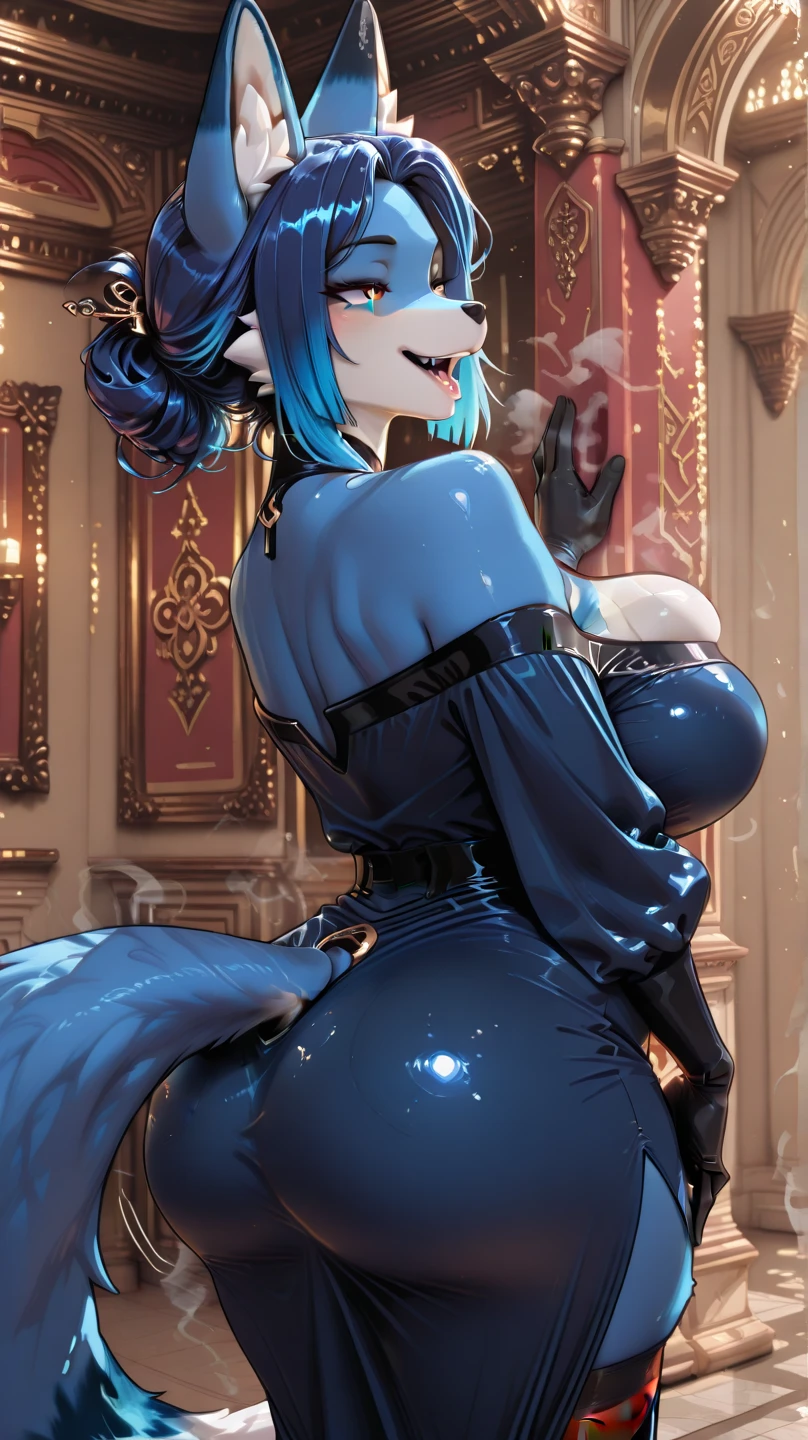 Intricate details: "((a sexy animated lady poses in revealing clothes while in fire-lit fantasy setting, firm breasts, 1girl 18 years old, animal ears, short hair, panties, black panties, underwear, cat ears, looking at viewer, thighhighs, cleavage, corset, blue hair, string panties, low angle view)"