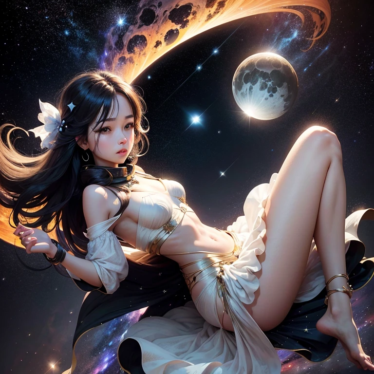 (8K, RAW Photos, 超A high resolution:1.5)、lying back on、Spread your legs apart、Spread your arms、a smile、cleavage of the breast、Yuna's costume is、With blue floral pattern and sleeveless white top、consists of a blue skirt with white edging. She wears a wide blue belt around her waist、Wear black fingerless gloves. Yuna's ensemble is、Knee-high brown boots and a distinctive necklace are also included. The wind blows lightly、The grasslands around Yuna are、It is full of gentle green and pale colored flowers.、There is a faint scent in the air....The white robe she wore was、Dance like a stream in the wind、Its beautiful brilliance is、Shines even more with the sun's rays. Stone ring at Yuna's feet、Engraved with ancient mystical symbols.At the center of that stone circle is、Transparent crystals are placed.Glowing faintly,Yuna stared at Crystal.、Magical energy is emanating from your fingertips.Energy shines with beautiful colors、Like a flower in the air、Spread like a galaxy in the universe.Yuna's eyes glow bright blue.The moment the gate to the other world opens、The mysterious glow of the universe dwells in the eyes。A vortex of energy envelops her、
