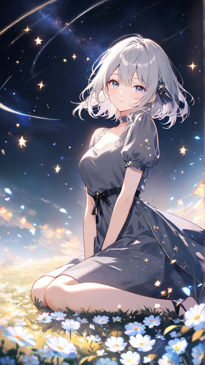 ((8k, highest quality, masterpiece: 1.3)), ultra-high resolution, (1 girl, one person), (color-changing eyes, super detailed, expressive glow, sparkling, shining eyes), highly detailed slightly grayish blue-purple eyes, highly detailed face, short hair, (droopy eyes: 1.2), (hair color, cloud gray), white cat ears, (ecstatic expression: 1.2) white skin, maid outfit, cleavage, (bedside at home, dim: 1.1), starry sky outside the window, front angle, sexy pose