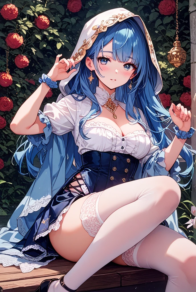 (masterpiece:1.2), (highest quality:1.2),, Curvy but slender body, adult woman、perfect eyes, perfect face,exact number of fingers、Exact number of legs、Exact number of arms、hands behind head、bangs, perfect lighting, 1 girl,，（garter belt）、erect nippleilking(self)、produce breast milk、long nipples、beautiful big breasts(erect nipples:1)、sexy look、restraints（ironwork）high socks、 dorsal position，curly hair、detailed outdoor background, compensate, eye shadow, thick eyelashes, fantasy, looking at the viewer, whole body、blue sky、Bright and beautiful face、young and white shiny skin,、the best beauty、The most beautiful bright blue hair in the world、thin hair、long hair、Shining beautiful Bangs、big blue eyes、Very nice, the most beautiful girl in the world、Very detailed CG, (perfect hands, perfect anatomy),embarrassed look、sexy look、mouth half open、whole body、a sexually excited look、crawl on all fours