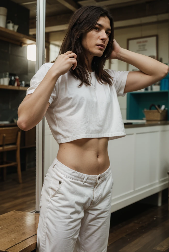 17 year old black girl with very short straight hair, light green eyes, perfect breasts, perfect butt, toned legs, perfect body, wearing long shirt and tight short shorts, pose with black background