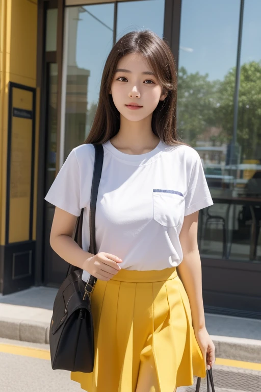 Masterpiece, hd, best quality, 18 y.o, teenager girl, 1girl, European girl, brown hair, medium hair,small breasts, wear white collared shirt, short sleeves, wearing red pleated skirt, standing, outdoor, streets, wearing white Tote bags, (Tote bags:1.2)