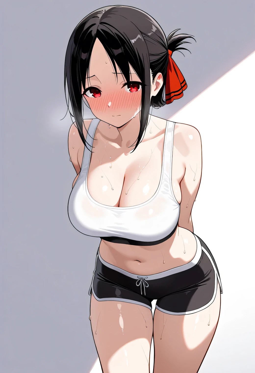 gym background、Super detailed illustrations、horny expression、masterpiece、highest quality、ultra high resolution、high resolution、(Sweat、body fluid)、shiny skin、black hair、very short hair、color red eyes、white croptop turtleneck、sleeveless、Standing picture、hot pants、put hands behind head, armpits, armpits visible, large breasts,
