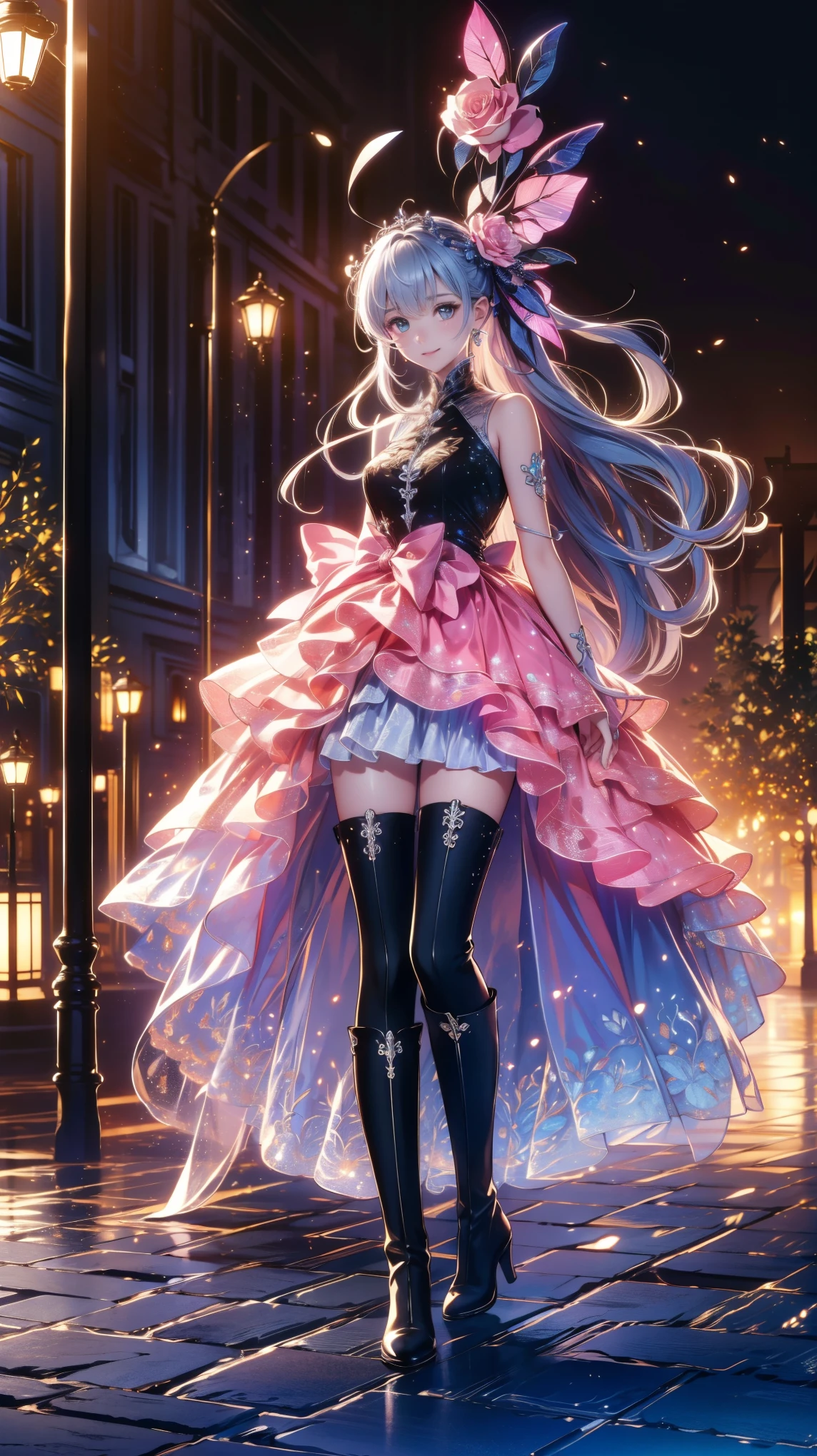 ( very detailed目, very detailed顔), ( realistic にสุดๆ, high resolution ), ( Top Quality :1.4), ( Top Quality ), portrait, 5, Midea, 1 girl ,score_9, score_8_ up, score_7_ up, score_6_ up, score_5_ up, score_4_ up, realistic skin texture that lasts deep into the middle of the night 、 Deep Night , RAW photos , ( realistic に, realistic :1.37), very detailed, Pro Pictures , (masterpiece:1.3, Top Quality , s uper high resolution, Ultramore ), ( realistic , photo realistic :1.4), beautiful illustrations , perfect lighting, anime style .( masterpiece : 1.2), ( very detailed: 1.2), ( very detailed CG: 1.2), ( high image quality : 1.2), (最 high image quality ), 8k, animated illustration , 、 beautiful girl 、とても cute天使、 pink gothic dress 、 cute、、smile、 long skirt、 Black Long Boots 、 grey pink pants ,Turquoise Eye, cute女性 ,street, Candy Store , sign,European Buildings,slate paved ,Rose flower,