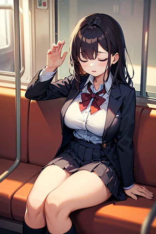 NSFW,4K,Gal:1.3,Anatomically correct,school uniform:1.3,A pure and innocent girl, Very cute face, Like an idol, (masterpiece:1.2), (high quality), panties, loose socks, Hip, Blue Skirt, alone, Blazer Type, loose socks, Lifting clothes, Brown eyes, pure gaze, mini skirt, Lift yourself up, Check skirt, blush,((Mid-chest)), (Sweating profusely), Long Hair, physical education, Beautiful legs, ((in the train))