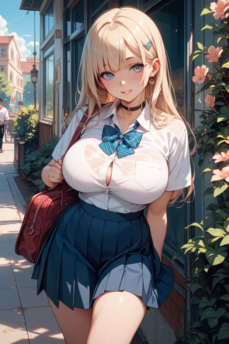 1girl, solo focus, young women, skin imperfection, light white skin, perfect face, puffy face, beautiful face, puffy eyes, blue eyes, big eyes, perfect eyes, eyelashes, long platinum blonde hair, bangs, makeup, blush, blush nose, glitter makeup on eyes, detailed anime soft face, pink clothes, highres, twintails, hair ribbon, long sleeves, red bow, pink cardigan, white thighhighs, plaid skirt, red ribbon, black choker, school uniform, open shirt, cleavage, outdoors, cowboy shot, standing, smile, hands behind back
