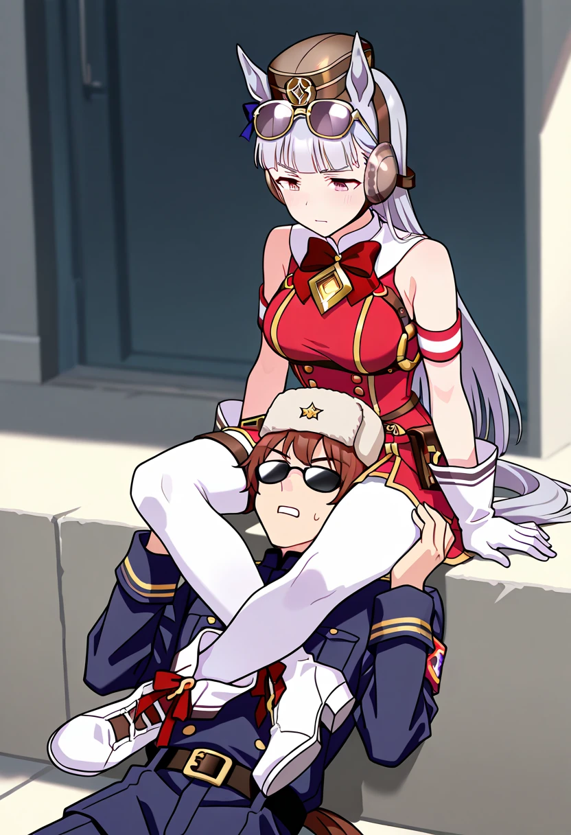 (masterpiece,best quality:1.3),(ultra-detailed,high resolution:1.2),(illustration),((an extremely delicate and beautiful)),(detailed background),((1girl,short stature)and(1muscular boy,tall stature)),hetero,(1girl,short stature:1.4), ((((Furina/Focalors/(((genshin impact/)))),blue eyes, blue hair, white hair, streaked hair, gloves, hat, white gloves, blue headwear, ahoge, black gloves, long sleeves, ascot, jewelry, brooch, black headwear, frills,(rolling eyes:1.4),(ahegao),(trembling), cum in pussy,(cum on clothes:1.4), cum on body,cum in mouth,cum on hair,excessive cum, (1muscular boy,tall stature:1.4),smug,large penis, ((vaginal,sex)),(upright straddle,couple,face-to-face,kiss),(wrestling ring),